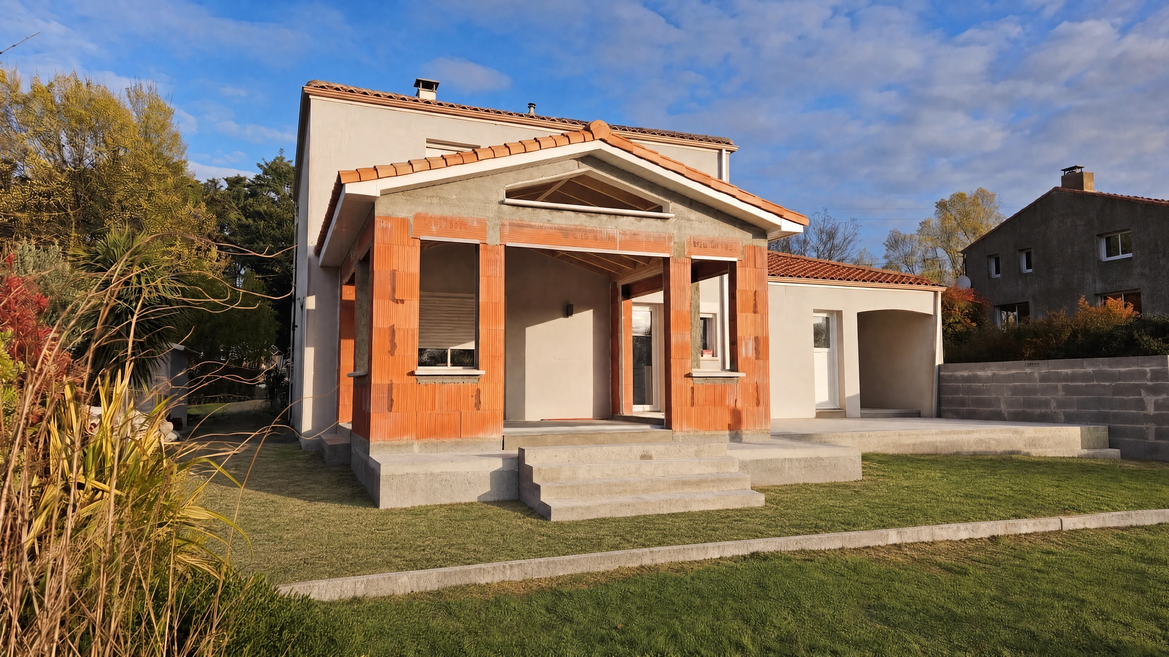 Maison individuelle en cours de construction, vue extérieure de jour