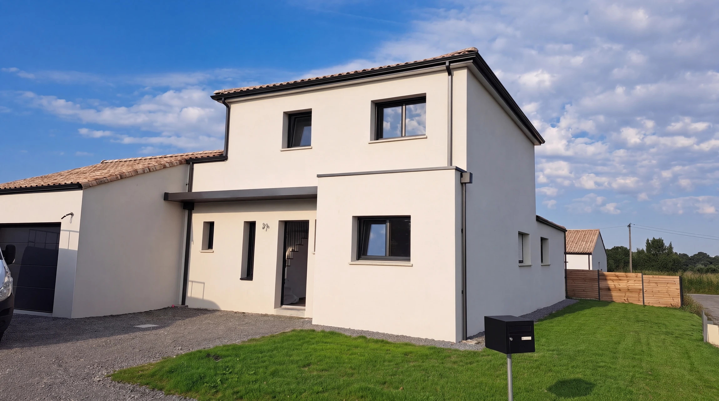 Maison individuelle neuve, deux niveaux, enduit blanc, toiture tuiles canal, menuiseries aluminium anthracite