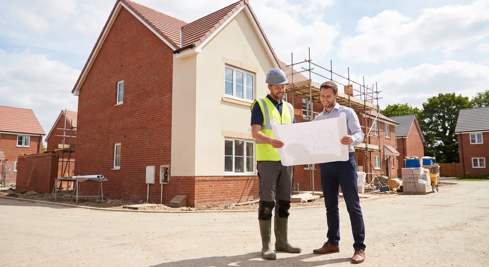 Un chef de chantier et un client consultant ensemble un document (plans ou devis) en pied, debout devant une maison en construction dont les murs de brique sont partiellement enduits, chantier ouvert aux conditions naturelles, interaction professionnelle et attentive.