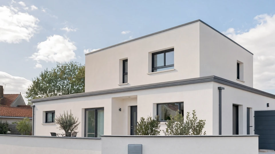 Maison individuelle neuve à deux niveaux, façade enduit blanc cassé, menuiseries aluminium gris anthracite, rez-de-chaussée avec fenêtre PVC volet roulant et baie vitrée coulissante grand format, étage avec trois fenêtres aluminium, toiture monopente zinc acier avec rive tuiles canal, extension plain-pied toiture terrasse, environnement urbain, sol gravillon.