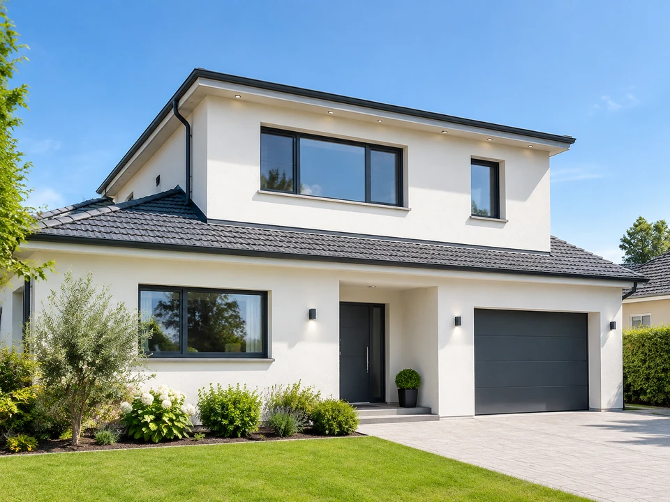 Maison individuelle moderne avec façade blanche et extension grise anthracite, garage intégré à porte sectionnelle